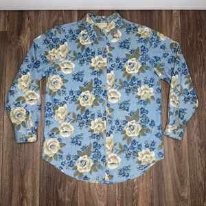 Floral Casual Button-Down Shirt in Blue and Cream